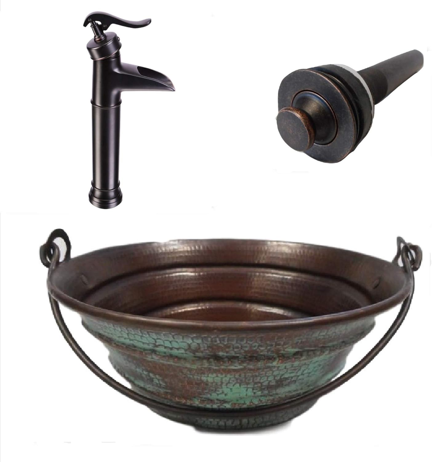 15" Round Copper BUCKET Vessel Bath Sink Green Patina Exterior with