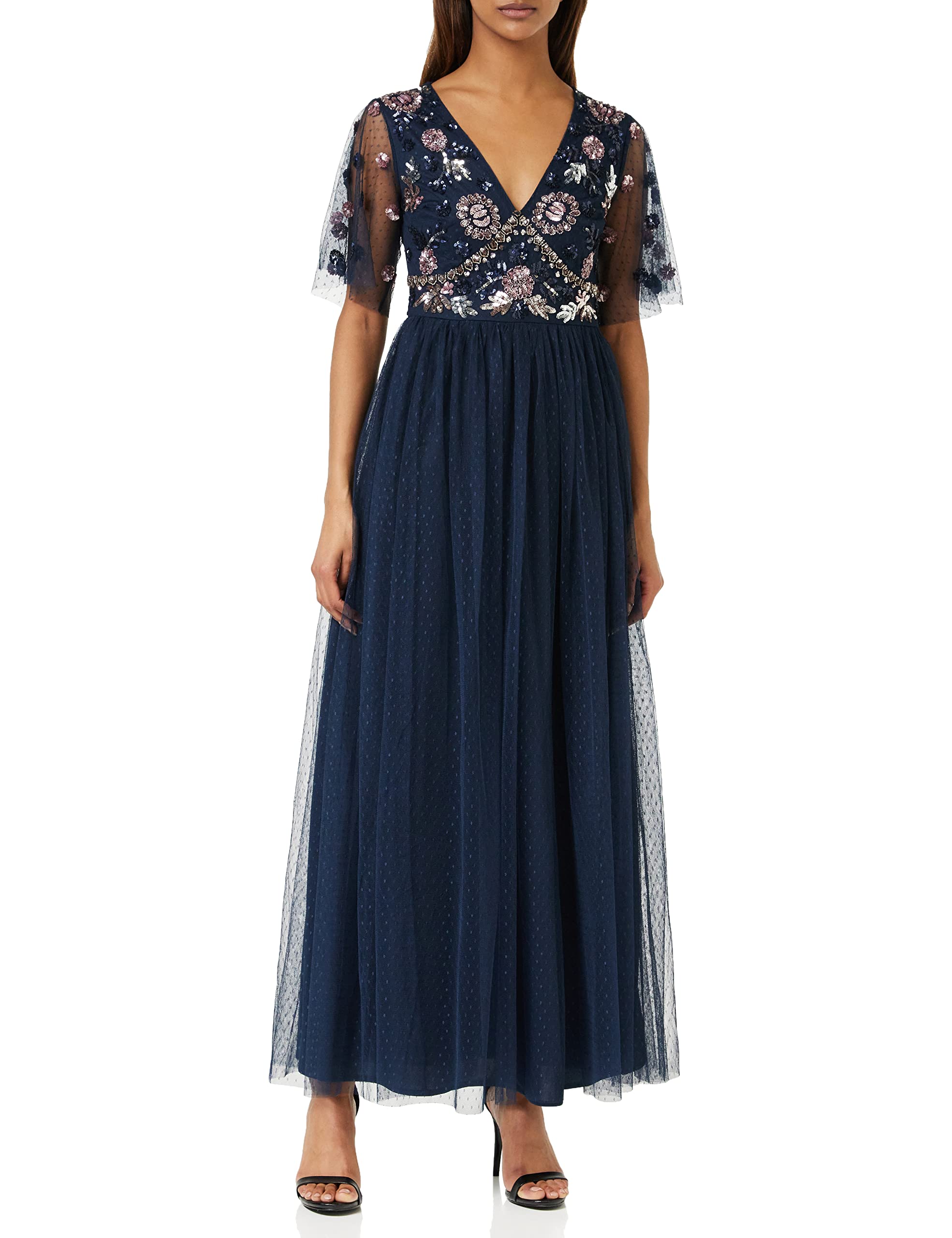 Womens Maxi Dress Ladies Embellished Spot Mesh A-line V-Neck Dress for Wedding Guest Bridesmaid Prom Ball Occasion