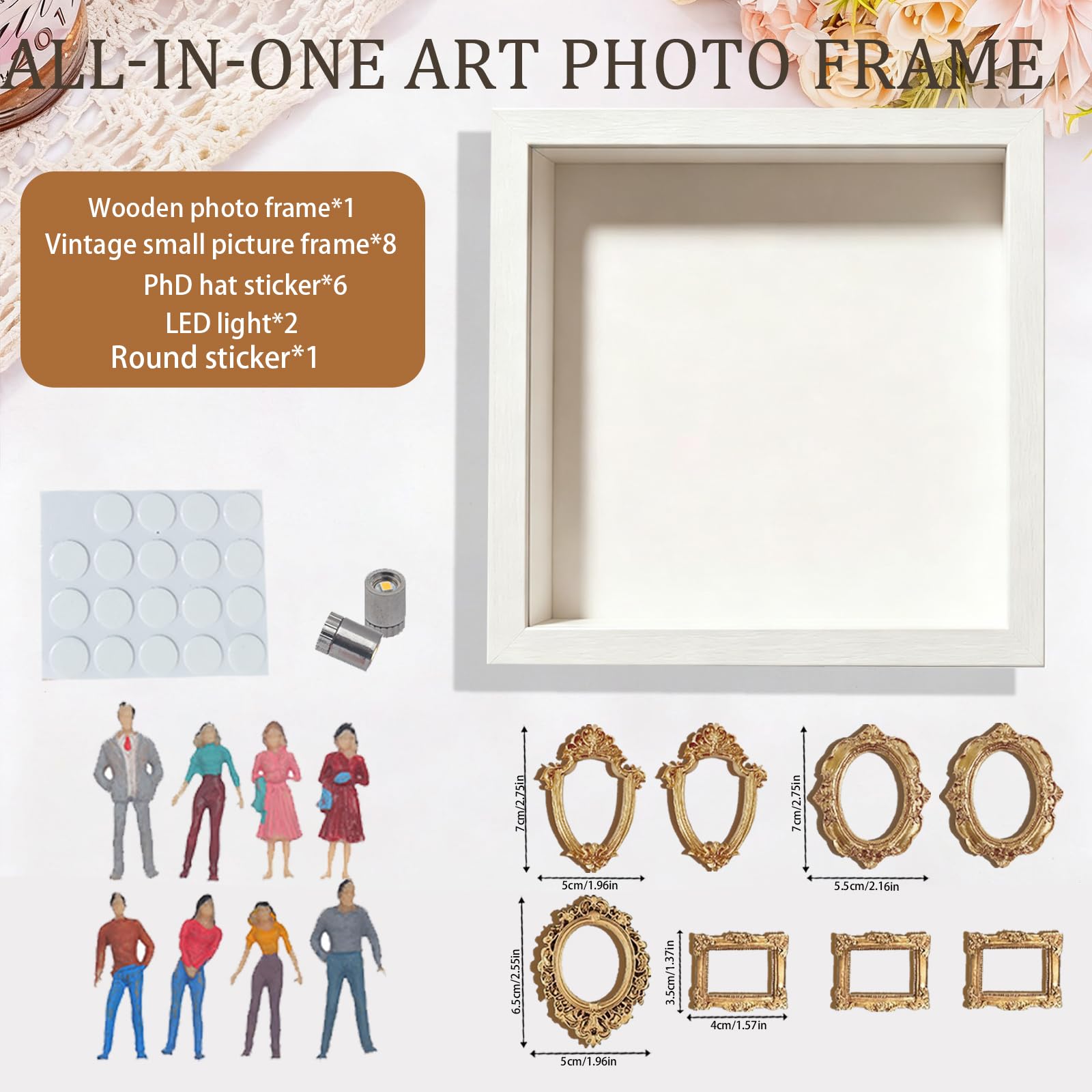 YOUYIKE Mini Muzeum Ramka na zdjęcia z diodami LED, zestaw do zrobienia własnej białej ramki Muzeum nas z 8 mini złotymi małymi obrazami i miniaturowymi figurkami do dekoracji wnętrz, prezent ślubny