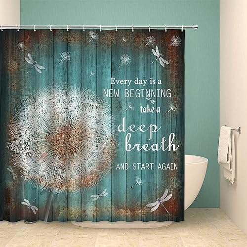 Miniatura 2 de Cortina de ducha de libélula de diente de león rústica de madera verde azulado con citas inspiradoras de semillas voladoras, cabaña de campo,