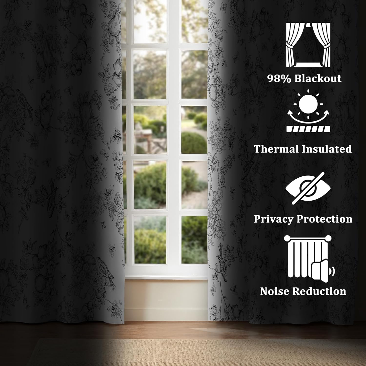 Renaiss 42 x 63 Inch Floral Blackout Curtains for Bedroom Nursery French Country Flower Printed Thermal Curtains Drapes Grommet Window Treatments Living Room Decorative Curtains Black Liner 2 Panels
