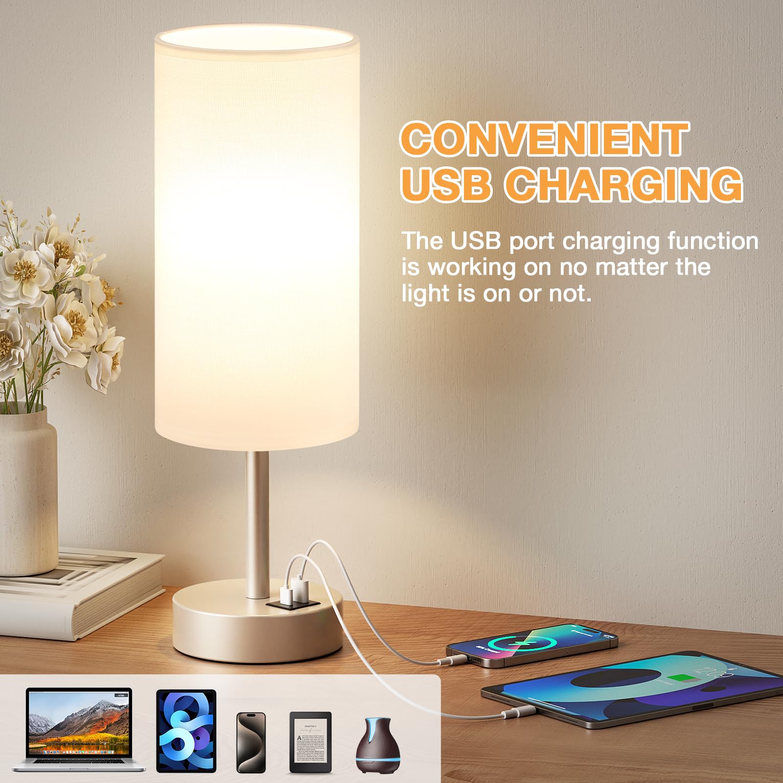 Aooshine Gold Bedside Lamp, Table Lamp with USB-C+A Charging Ports, Gold Metal Base(Bulb Included), F-champagne Gold, 14in - Image 4