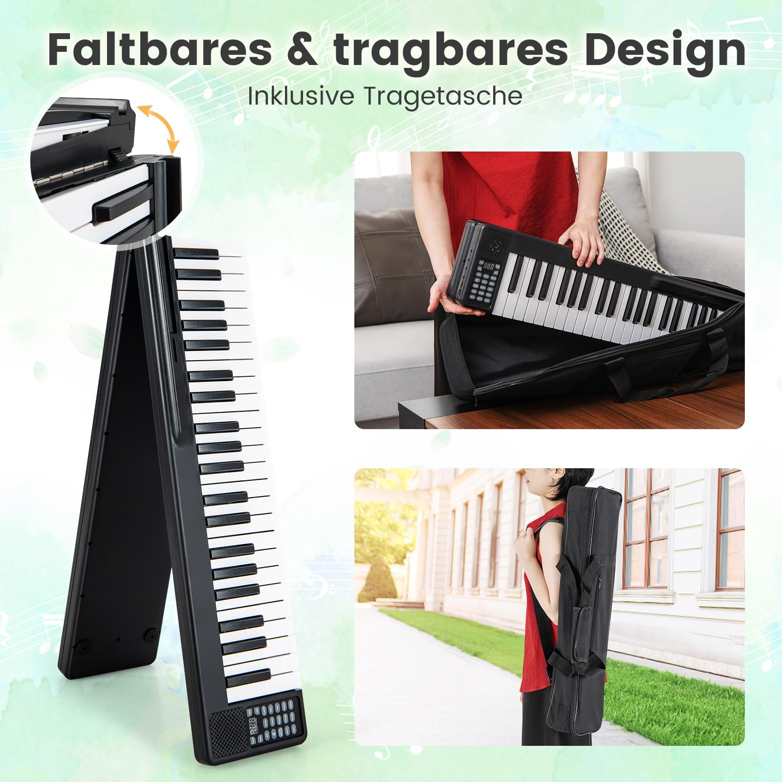 COSTWAY 88 Tastatur Keyboard faltbar, Digital Piano mit MIDI & Bluetooth & 128 Rhythmen & 128 Tönen, Elektronisches Klavier für Kinder, Klaviertastatur mit Tasche, E Piano, Schwarz