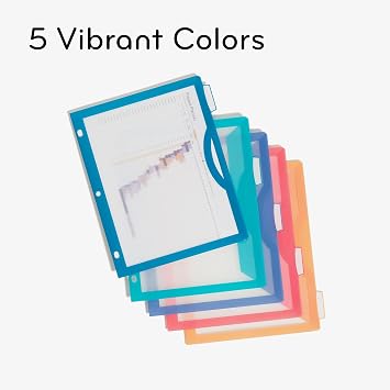 فواصل U Brands Poly 5-Tab ثلاثية الحلقات مع علامات التبويب والجيوب ، عرض واضح ، 10 مجموعة ، مشابك متنوعة ، فواصل جيب مثقبة 3 فتحات