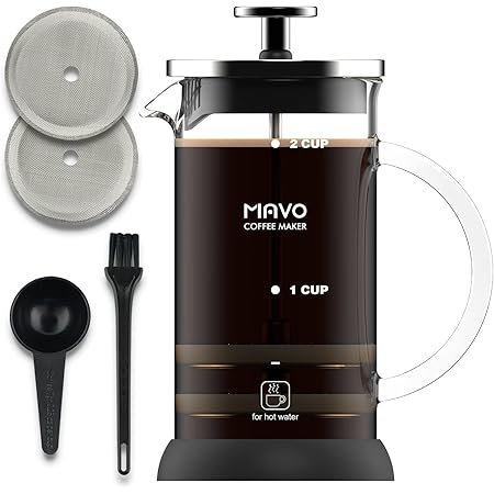 Amazon.com: MAVO Prensa francesa cafetera, prensa de café (12 onzas) –  Sistema de filtración de 6 niveles – vidrio borosilicato resistente al  calor – tetera, espumador de leche, cafetera de cerveza fría : Hogar y  Cocina