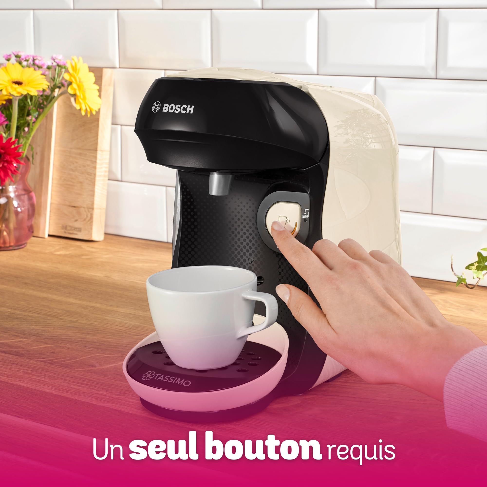 Bosch Machine à café multi-boissons Tassimo Happy friendly, TAS107E, plus de 70 boissons chaudes, OneTouch, cafétière à dosettes, Intellibrew, couleur crème
