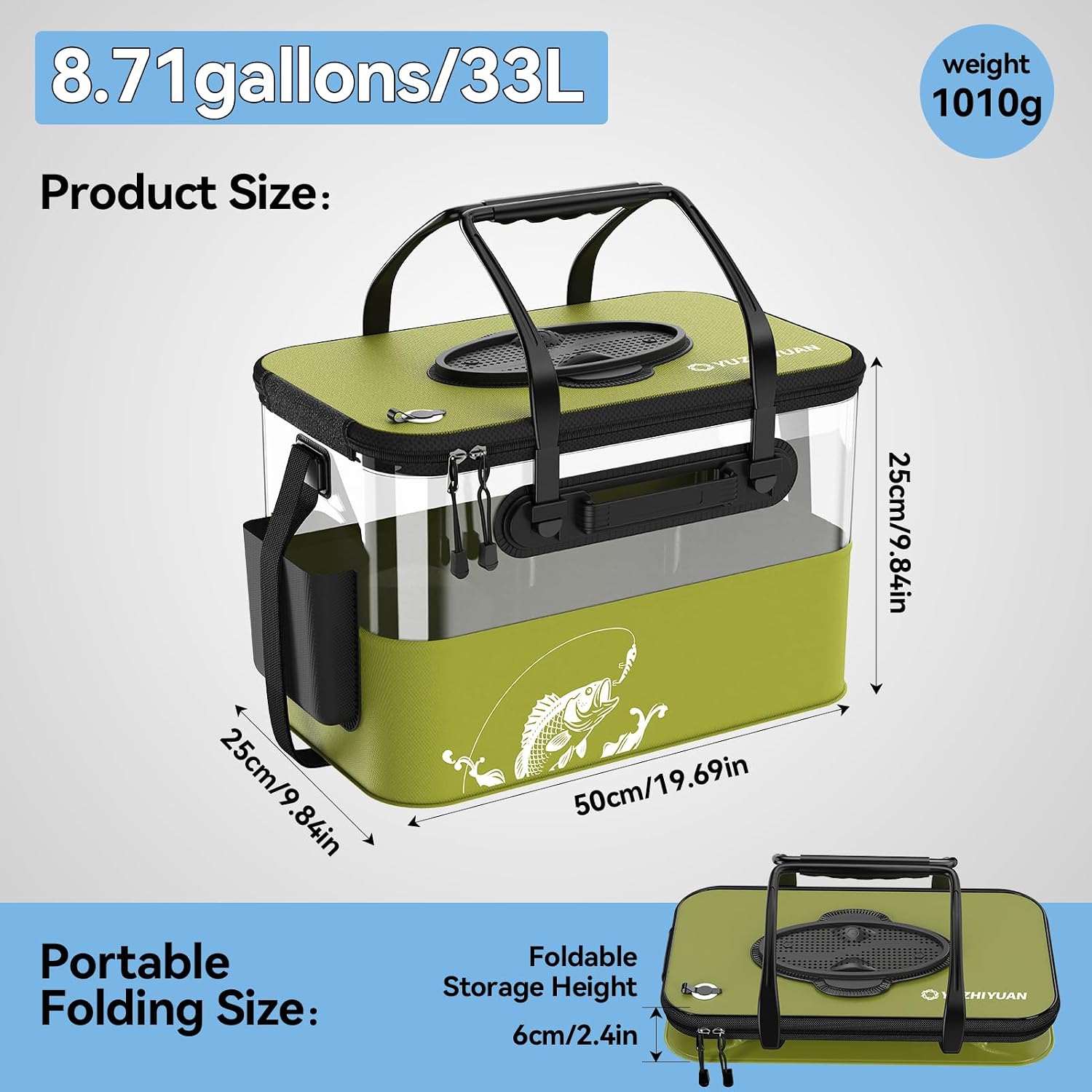 Fishing Bucket Foldable， 6Gallon/8Gallon/10Gallon,Live Fish Container Multi-Functional Live Fish Bait Bucket,for Fishing, Camping, Moving