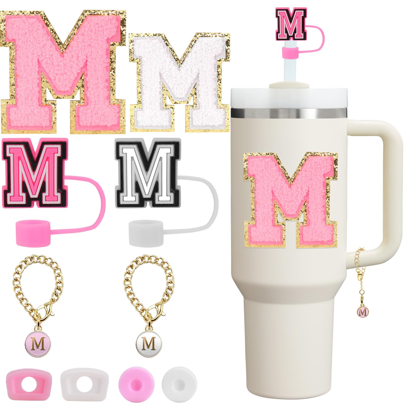 Mity rain 10pcs Set Designed for Stanley Cup Accessories - Including Straw Cover Cap, Letter Charm, Letter Stickers, Tumbler Spill Proof Stoppers for Stanley 40oz/ 30oz Pink Decorations (M)