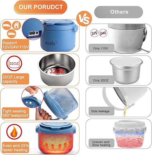 Miniatura 5 de Aotto Fiambrera eléctrica, 12 V, 24 V, 110 V, 3 en 1, calentador de alimentos portátil para adultos, 32 onzas, a prueba de fugas, calentador de