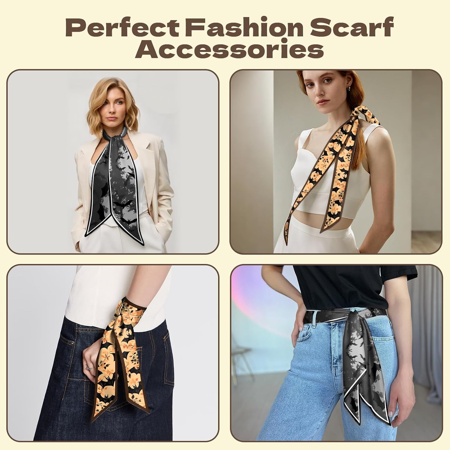 2 PCS Hair Head Scarf Neck Scarves Silk Feeling Long Oblique Angle Satin Cute Women Girls Handbag 59 * 6.7''