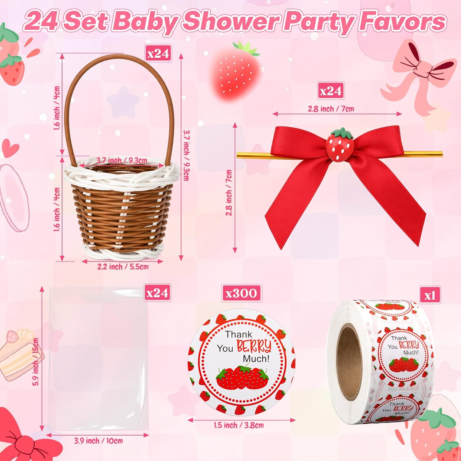 LemonRoad 24 Pcs Strawberry Baby Shower Favors Shortcake Easter Basket Party Decorations Mini Woven Basket with Handle for Flower Fruit Picnic Includes Bow Ribbon Thank You Stickers Opp Bags