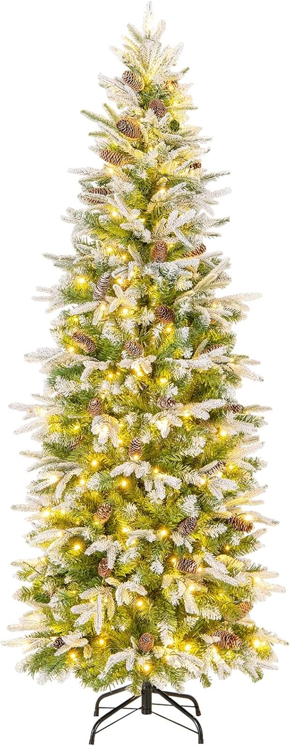 GOFLAME 6 FT Pre-Lit Pencil Christmas Tree Snow Flocked, Slim Artificial Xmas Tree with 671 Branch Tips, 280 LED Lights, 60 Natural Pine Cones, Hinged Holiday Decoration Tree for Home Office