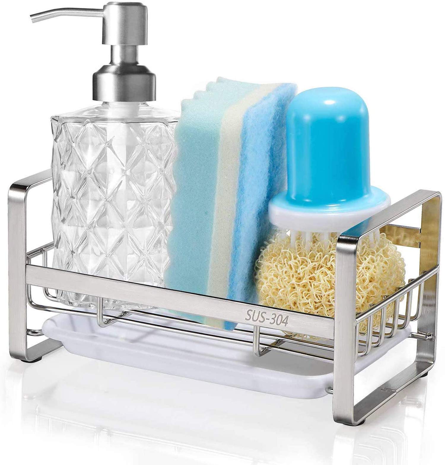 Znworld Sponge Holder, Kitchen Sink Organizer, Sink Caddy, Sink Tray Drainer Rack, Brush Soap Holder with Removable Tray