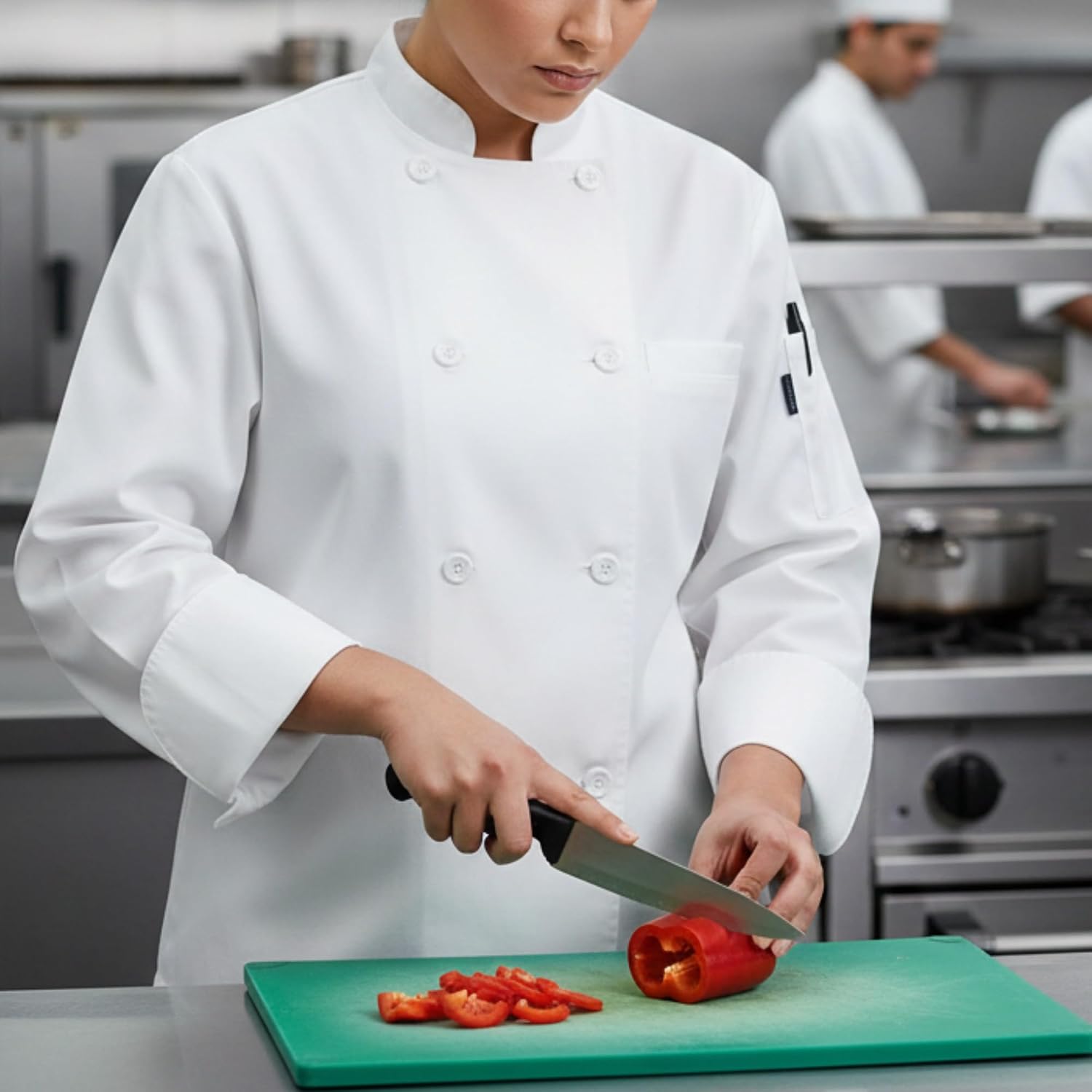 TrueCraftware- Women’s Tapered White Long Sleeve Chef Jacket with French Cuffs Medium Size- Chef Jacket Chef Coat Restaurant for Food Service Bakers and Culinary Professional
