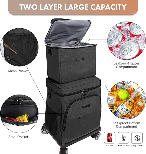 Miniatura 5 de Hielera suave con ruedas  Doble capa con bolsa de almuerzo plegable enfriador, grandes bolsas de hielo portátiles extraíbles a prueba de fugas para