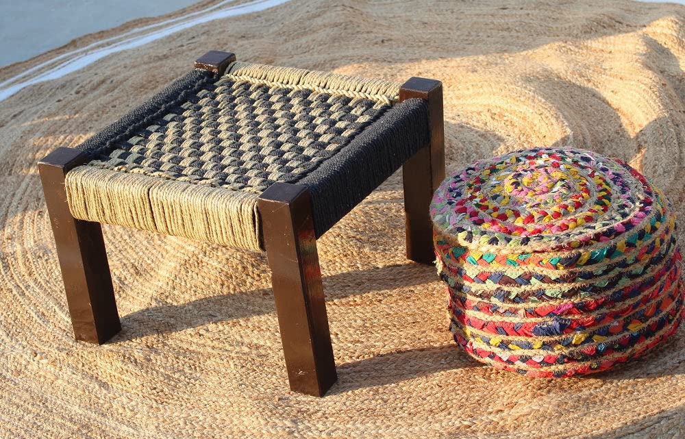 Handmakers ! Wooden Chowki with Beige & Black | Chowki | Wooden Stool | Chowki (16 X 16 X12) Inch