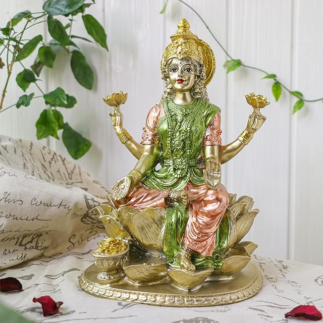 Indian Goddess Lakshmi idol Statue Hindu deitie Laxmi Figurine India Home Office Temple Mandir Altar Shrine Pooja Item Yoga Zen Meditation Room Decor Diwali Wedding House Warming Gift Budd Sculpture