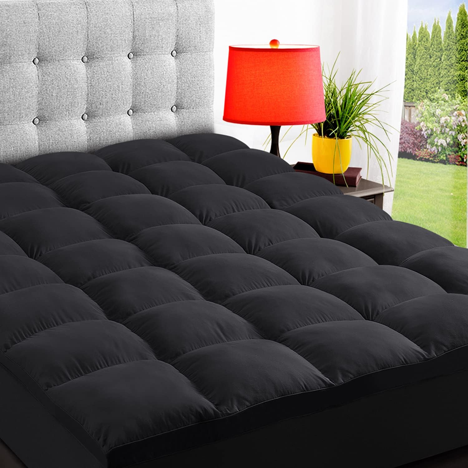 ELEMUSE Twin Black Cooling Mattress Topper for Back Pain, Extra Thick Mattress pad Cover, Plush Soft Pillowtop with Elastic Deep Pocket, Overfilled Down Alternative Filling