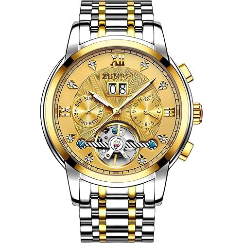 ZUNPAI Watches for Men Automatic Transparent Skeleton Mechanical Luxury Watch Classic Self-Winding Calendar Diamond Stainless Steel Waterproof Mens Wrist Watch
