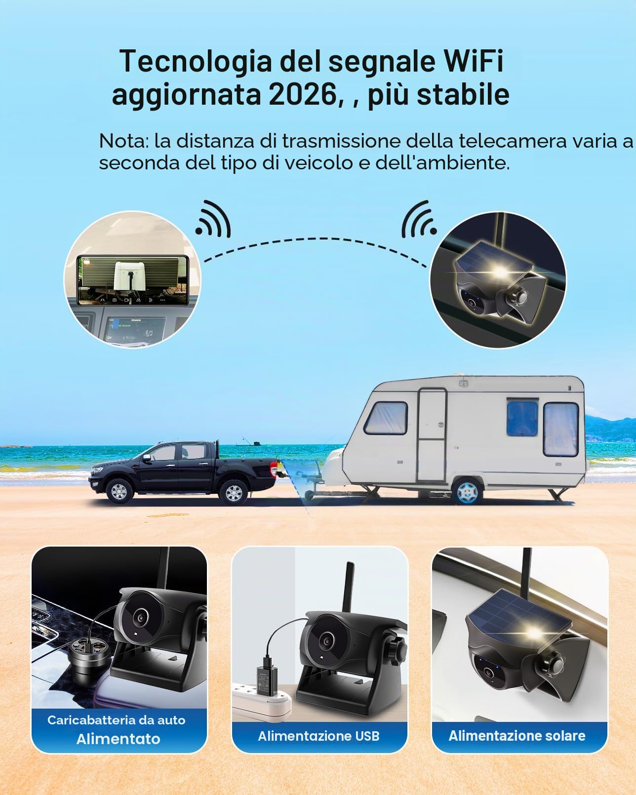 1080P - Telecamera per retromarcia a energia solare, senza fili, con visione notturna, 365 giorni, IP66, batteria ricaricabile per rimorchi, camper, camion, auto, compatibile con cellulare Android