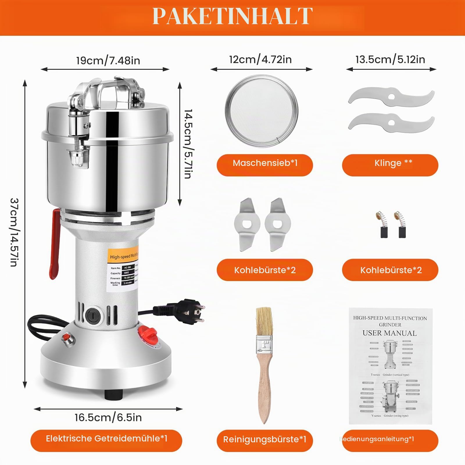 Getreidemühle Elektrisch, 500g Elektrische Getreidemühle Edelstahl Mühle mit 28000rpm Starker Motor High Speed, Mühle Elektrisch 30s Feinmahlung für Küchengetreide Gewürz Mais