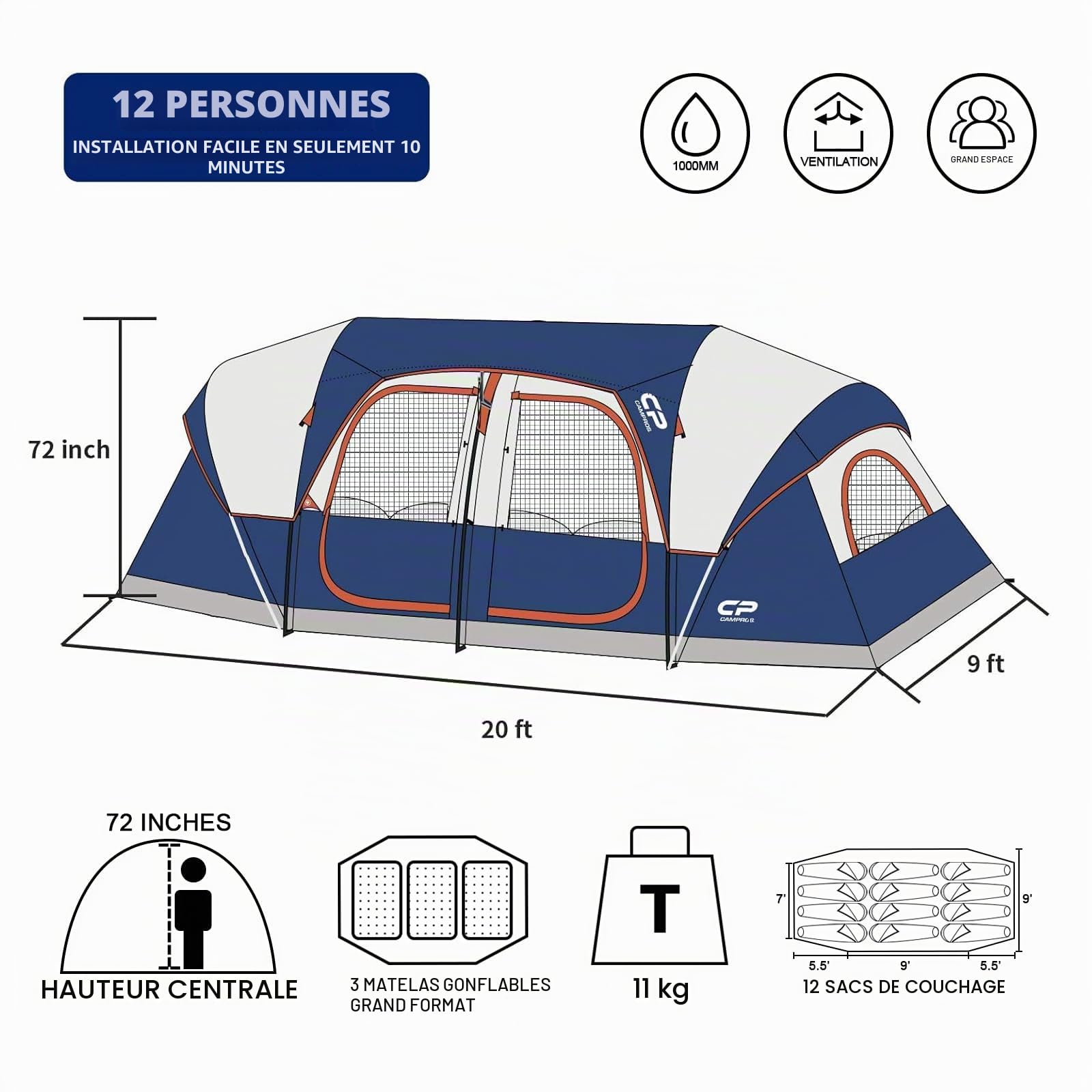 CAMPROS CP Tente Familiale 6-12 Personnes, Grande Tente Tunnel avec 3 Chambres, Hauteur 183 cm, Tente Camping Imperméable avec Grand Espace de Vie, Moustiquaires et Sac de Transport