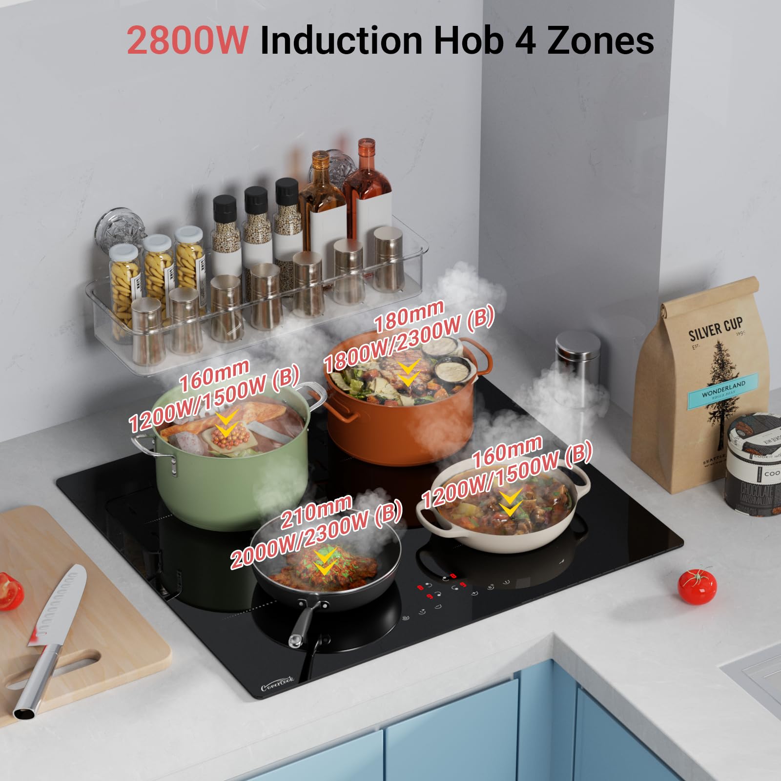 COVERCOOK Plug in Induction Hob 13 Amp 2800W, 4 Zones Plug in Electric Hob 60cm, Induction Hob Touch Control with Timer, Child Safety Lock, Keep Warm, Pause Function, Boost, Black — view 4