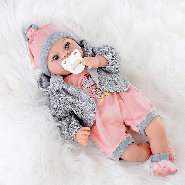 Bibi Doll - 18" Lifelike Large Size Soft Bodied Baby Doll Girls Boys Toy Dolly With Sounds and Comforter (Pink/Grey)