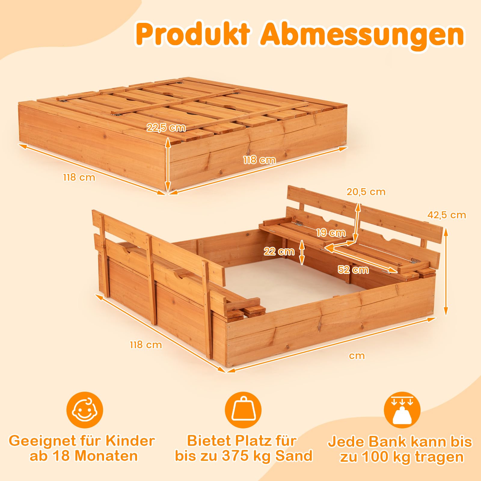 COSTWAY Sandkasten mit Sitzbänken, 120x120 cm Sandkiste Holz, Sandbox mit Deckel & Bodenvlies, Kinder Sandkasten Outdoor, für Garten, Balkon, Terrasse