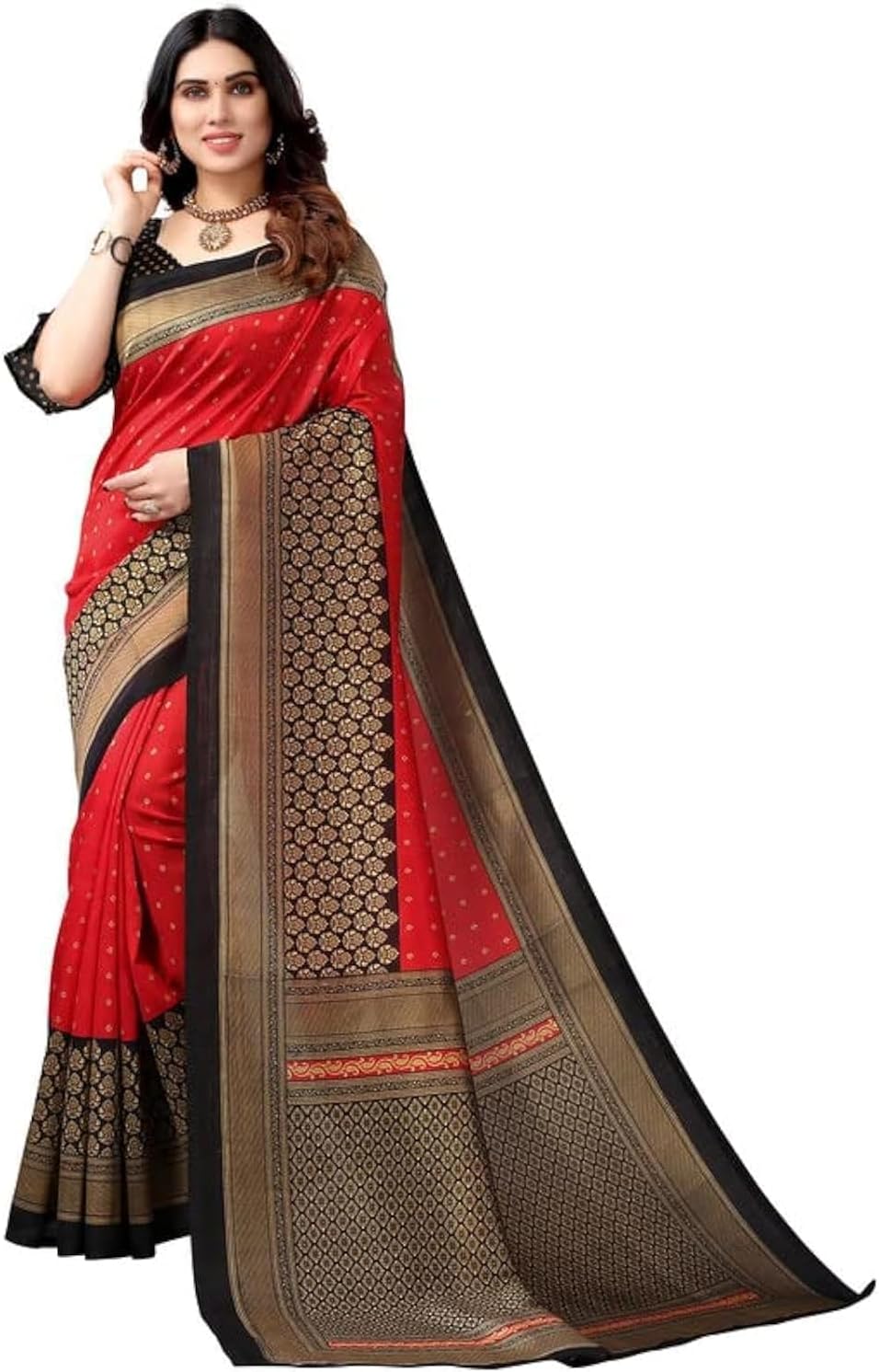 Women's Banarasi Silk Blend Saree (2680S207N_Red & Gold), Red & Gold, One Size
