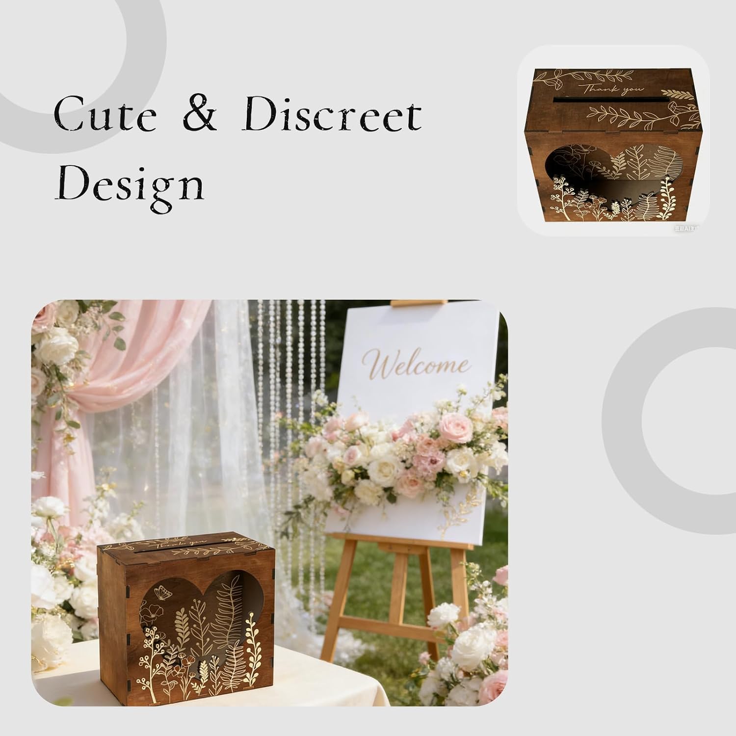 Chic Brown Wooden Wedding Card Box with Heart Acrylic Window and Flower Pattern, Stylish Card Box for Wedding Reception, Ideal Wedding Decorations for Reception, Versatile for Parties
