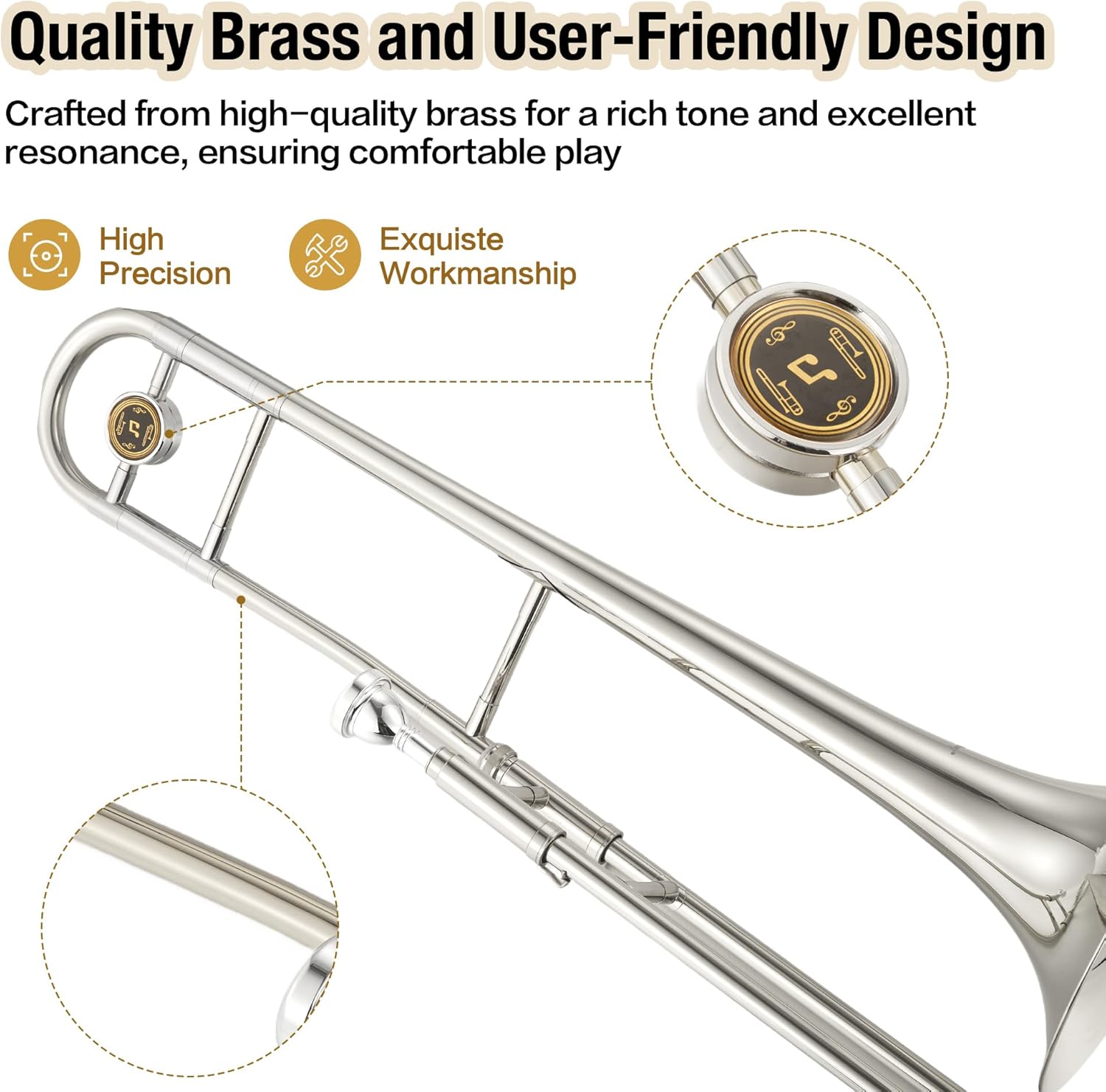 Gold Lacquer Alto Trombone Brass Instrument for Student Musicians and Adult Beginners, Suitable for School Band Rehearsal, Orchestra Practice, Jazz Music Performance and Home Learning
