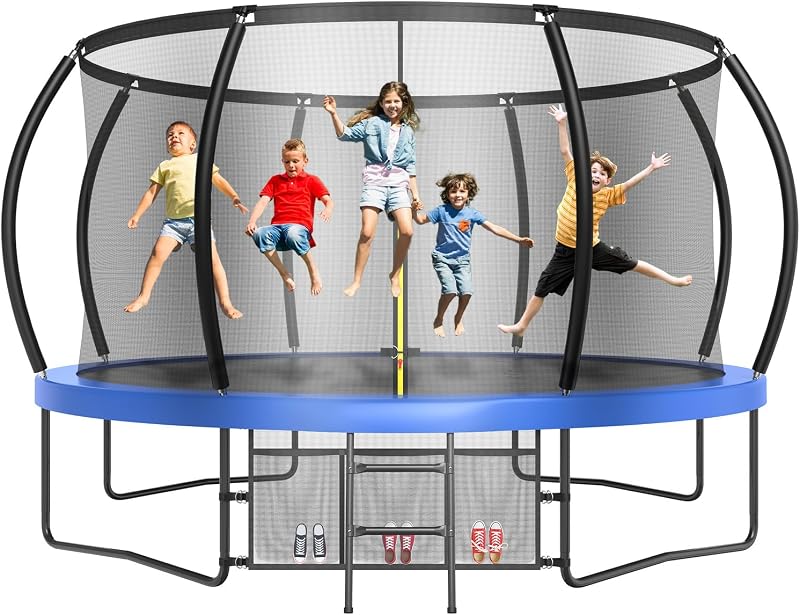 Trampolín recreativo al aire libre de 12/14/15/16 pies para niños y adultos | Trampolín con aro de baloncesto, rociador, luz, red y estacas, equipo recreativo para patio trasero, aprobado por ASTM