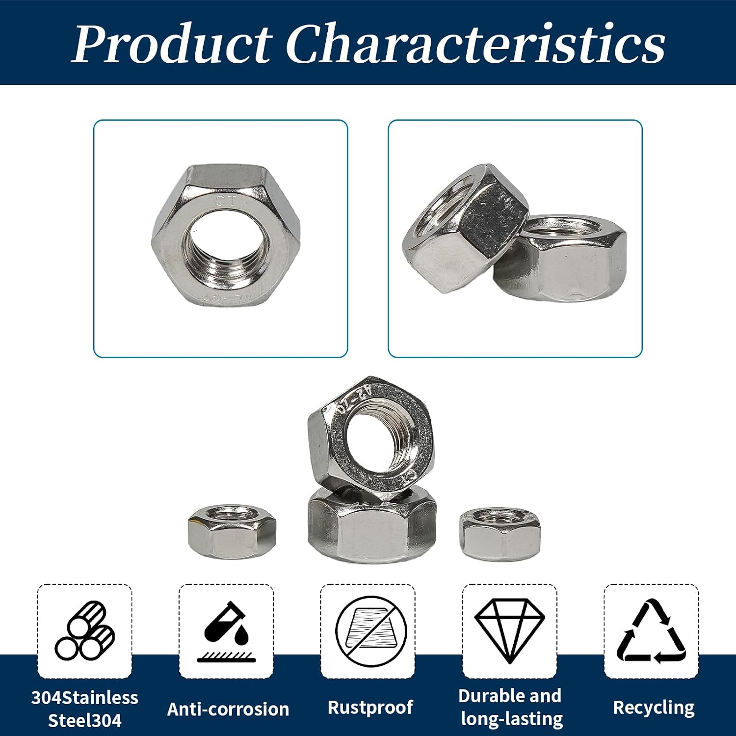 372PCS Metric Hex Nuts Assortment Kit, 304 Stainless Steel, M2 M2.5 M3 M4 M5 M6 M8 M10 M12, Hardware Nuts for Bolts, Lock Washers & Automotive Repair image 4
