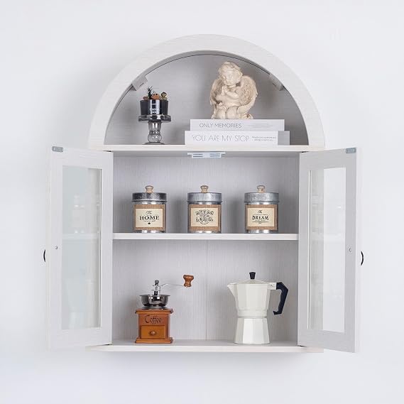 Arched Wall Cabinet with Glass Door, Arch Display Wall Mounted Cabinet, Farmhouse Wall Cabinet with Shelves for Living Room, Bathroom, Kitchen (White)