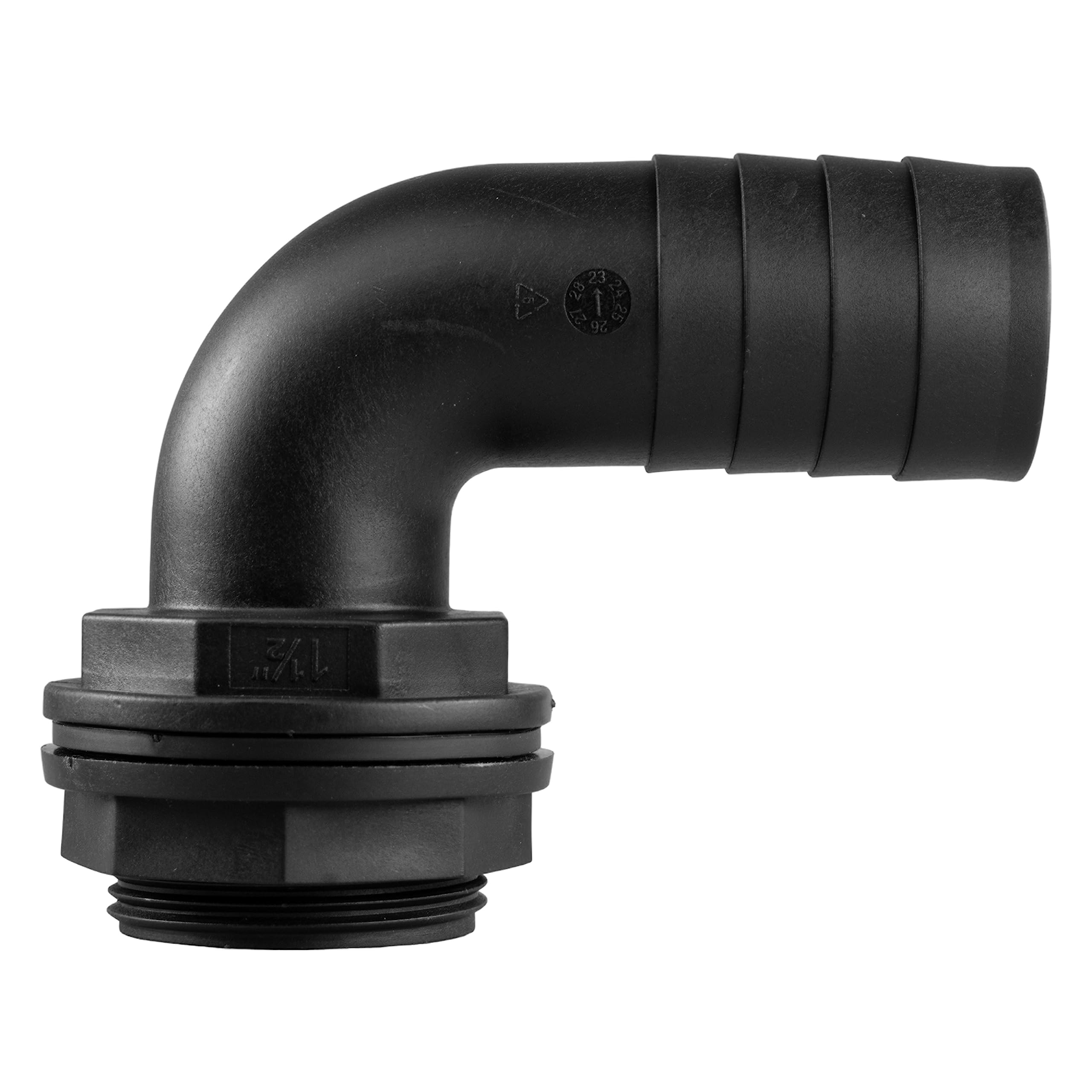 Eotrader Black 90 Degree Water Tank Overflow Vent, Water Butt Barbed Elbow Outlet With Nut & Washer 1/2" – 2” Bsp Hose Sizes, Garden Rain Capture Tank Linking Connector, Threads Fit 48Mm Hole (1.5" Bsp - 1.5" Barb)