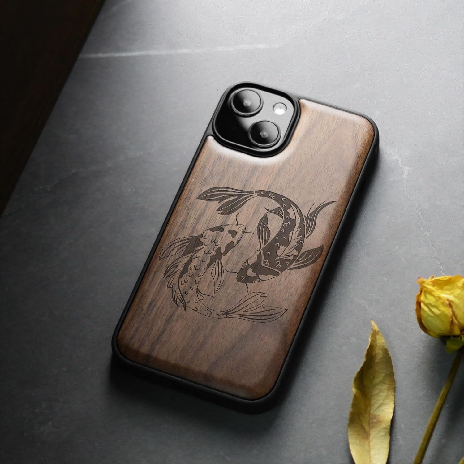 Carveit Magnetic Wood Case for iPhone 14 Case [Natural Wood & Black Soft TPU] Shockproof Protective Cover Unique Wooden Case Compatible with magsafe (Yin-Yang Koi -Walnut)