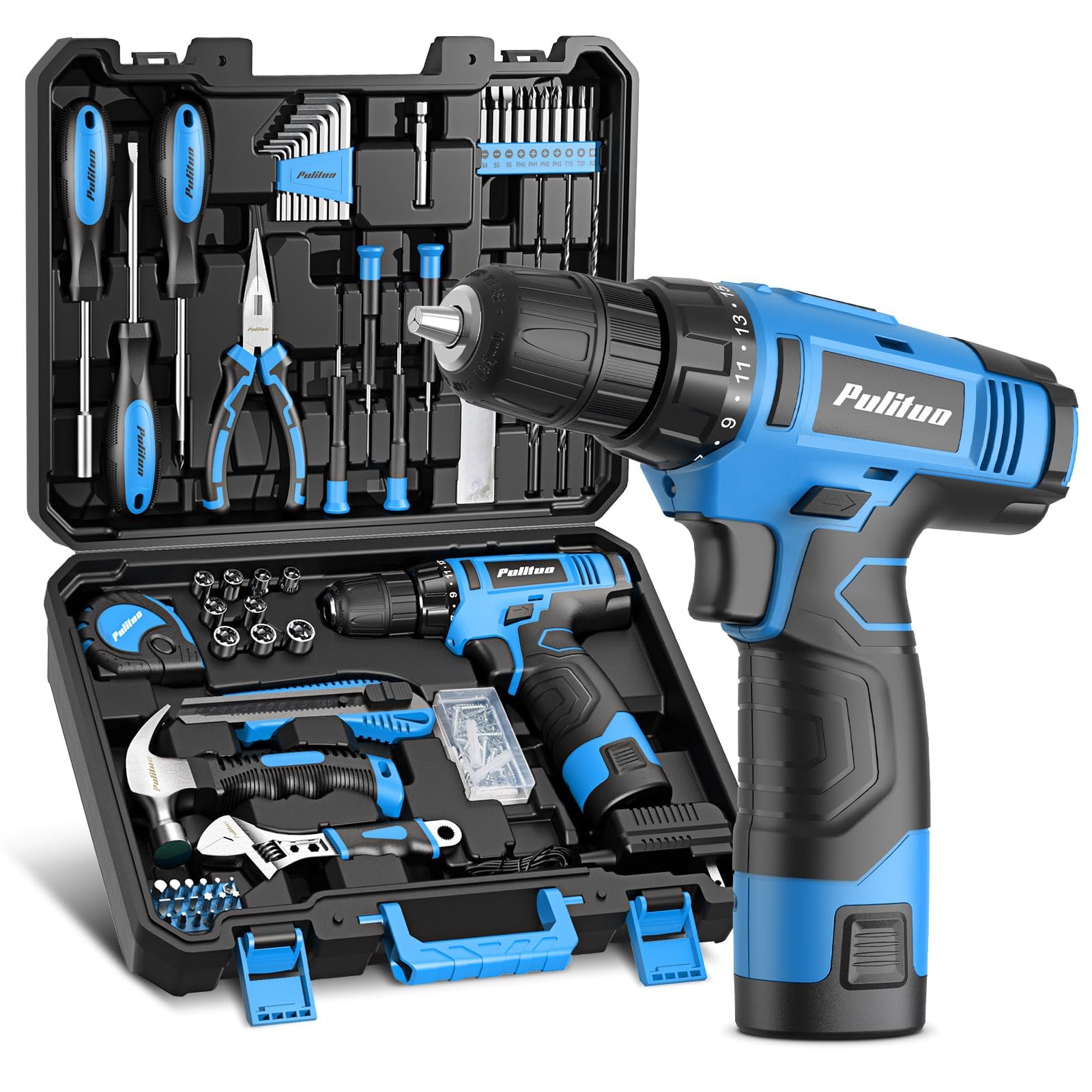 PULITUO Drill Set, 149-Piece Home Tool Set with 12V Pink Cordless Drill, Hand Tool Kits for Women & Men and DIY Enthusiasts, for Home