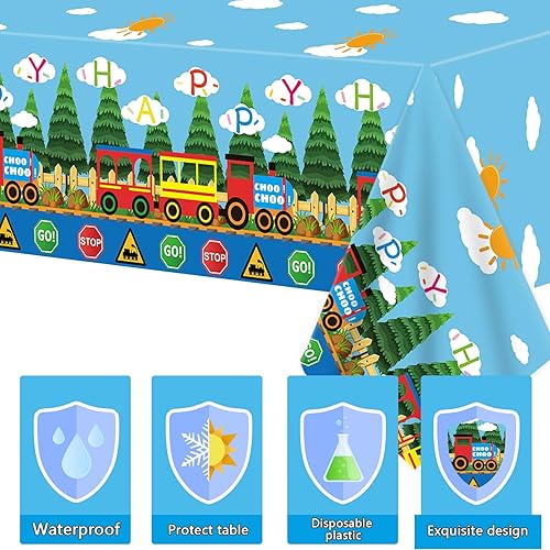 Miniatura 3 de gisgfim 3 manteles de tren de plástico, suministros de fiesta de cumpleaños, decoración de fiesta de tren, funda de mesa desechable para niños,