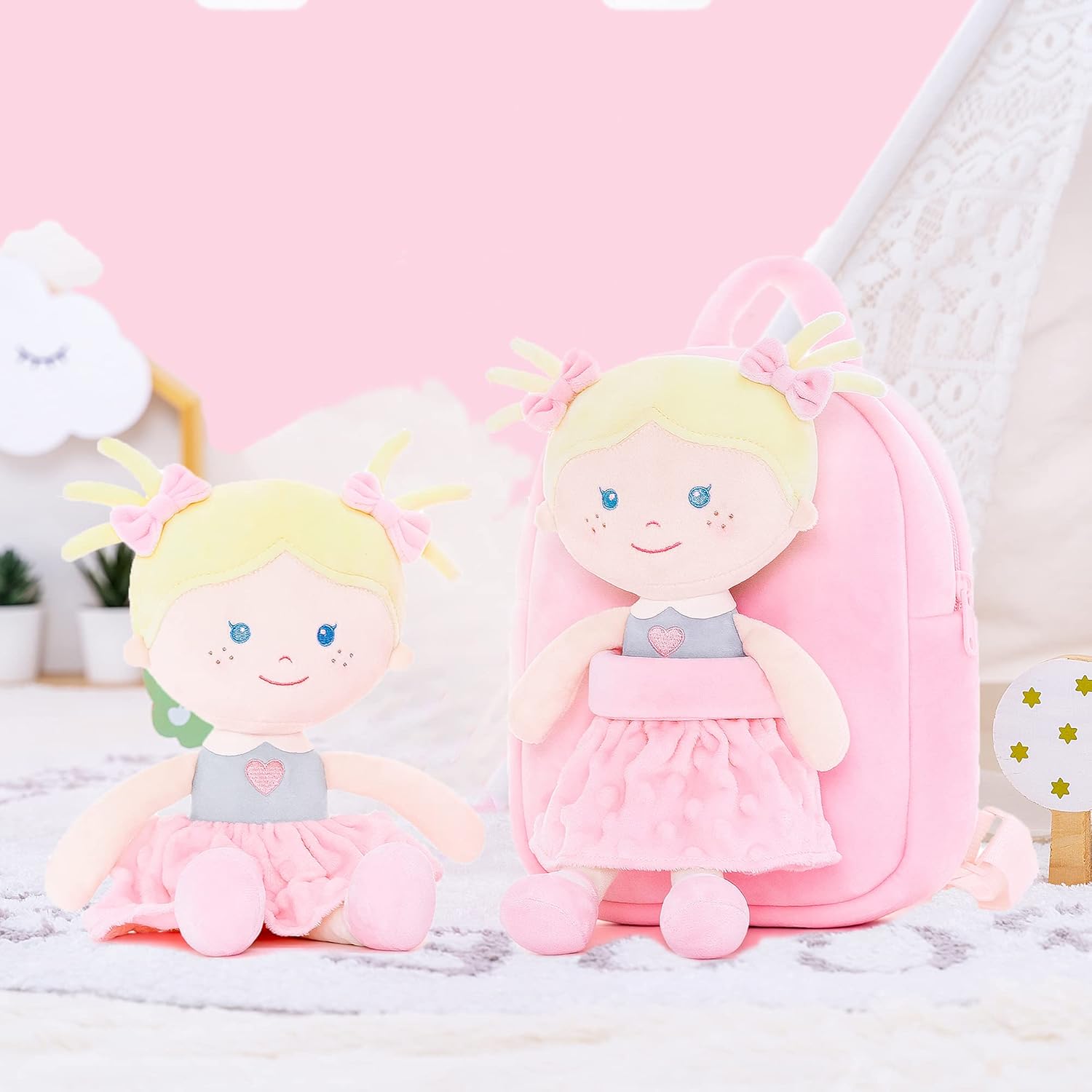 Onetoo Toddler Backpack Back to School Gifts for Girls Kids Backpacks with Soft Light Baby Dolls in Pink Polka Dots Dress 9.5"