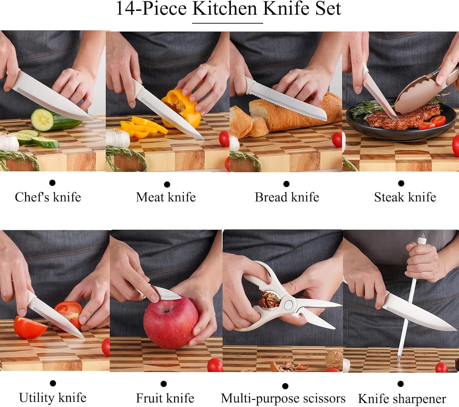 Knife Set, 14-Piece Kitchen Knife Block Set Dishwasher Safe with Wood Block,Sharpener,Non Stick Sharp Stainless Steel Chef Knife Sets,Gift for Cooking