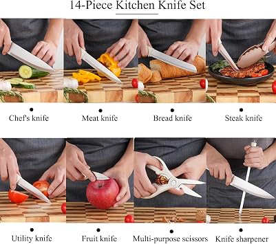 14-Piece Aesthetic Pink Knife Set with Wood Block Non-Rust Elegant Gifts