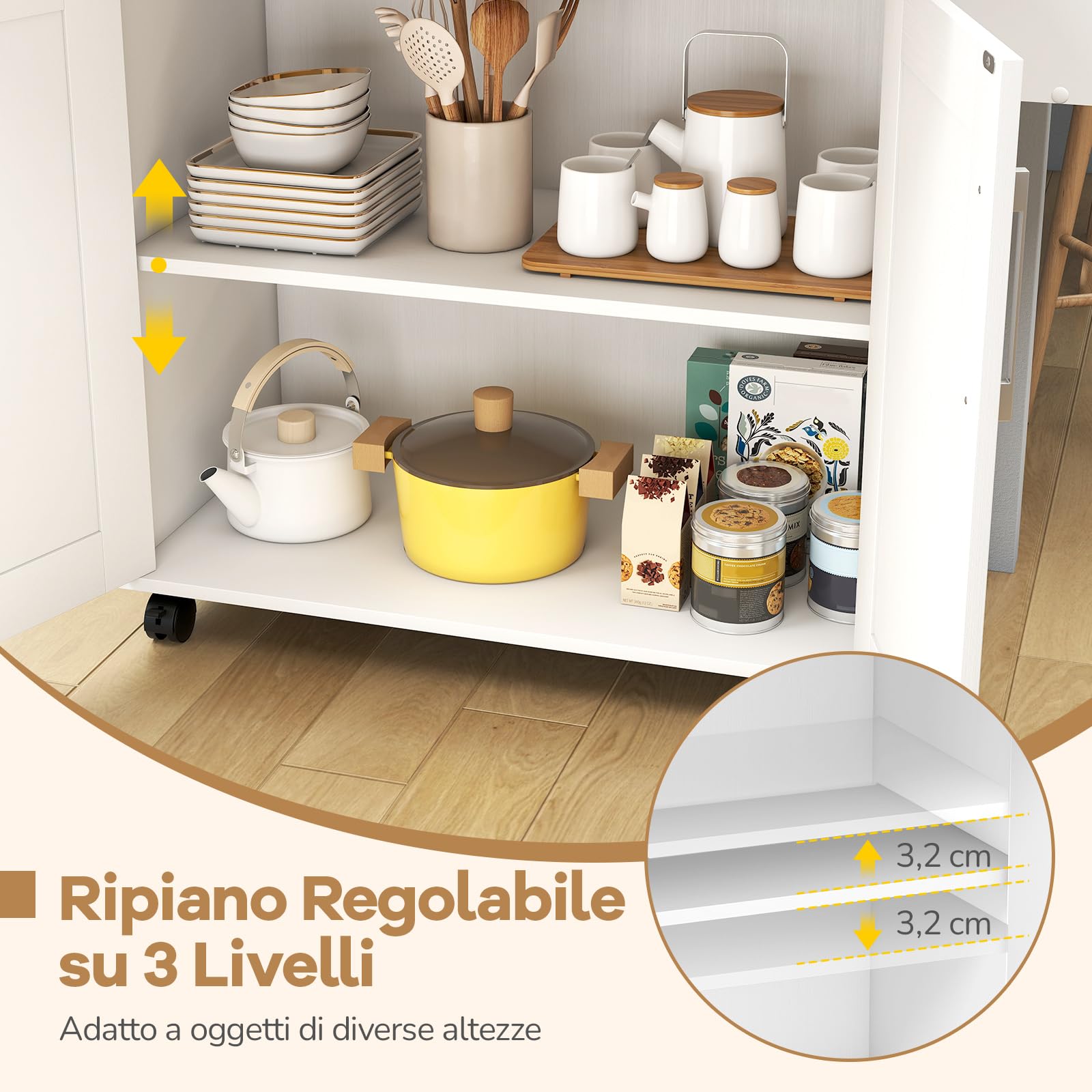 COSTWAY Carrello da Cucina, Credenza Salvaspazio con Cassetto, Ripiano Regolabile, Portaspezie, Portasciugamani e Ruote, Mobile da Cucina per Sala da Pranzo e Soggiorno, 111 × 40 × 90 cm (Bianco)