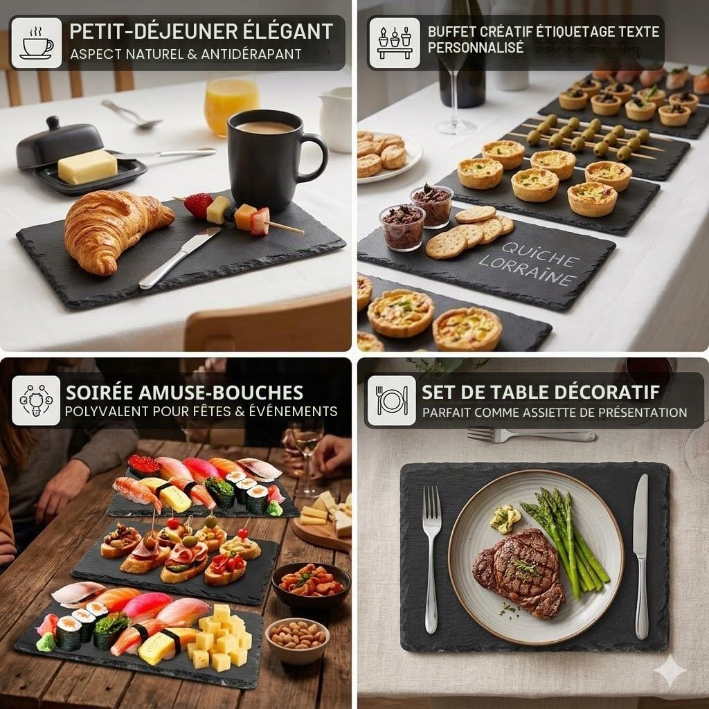STARVAST Lot de 10 Plateaux en Ardoise Et 5 stylos de Talc, 25 x 15 cm, pour Servir et écrire, Buffet, Plateau de Service rectangulaire, Anthracite