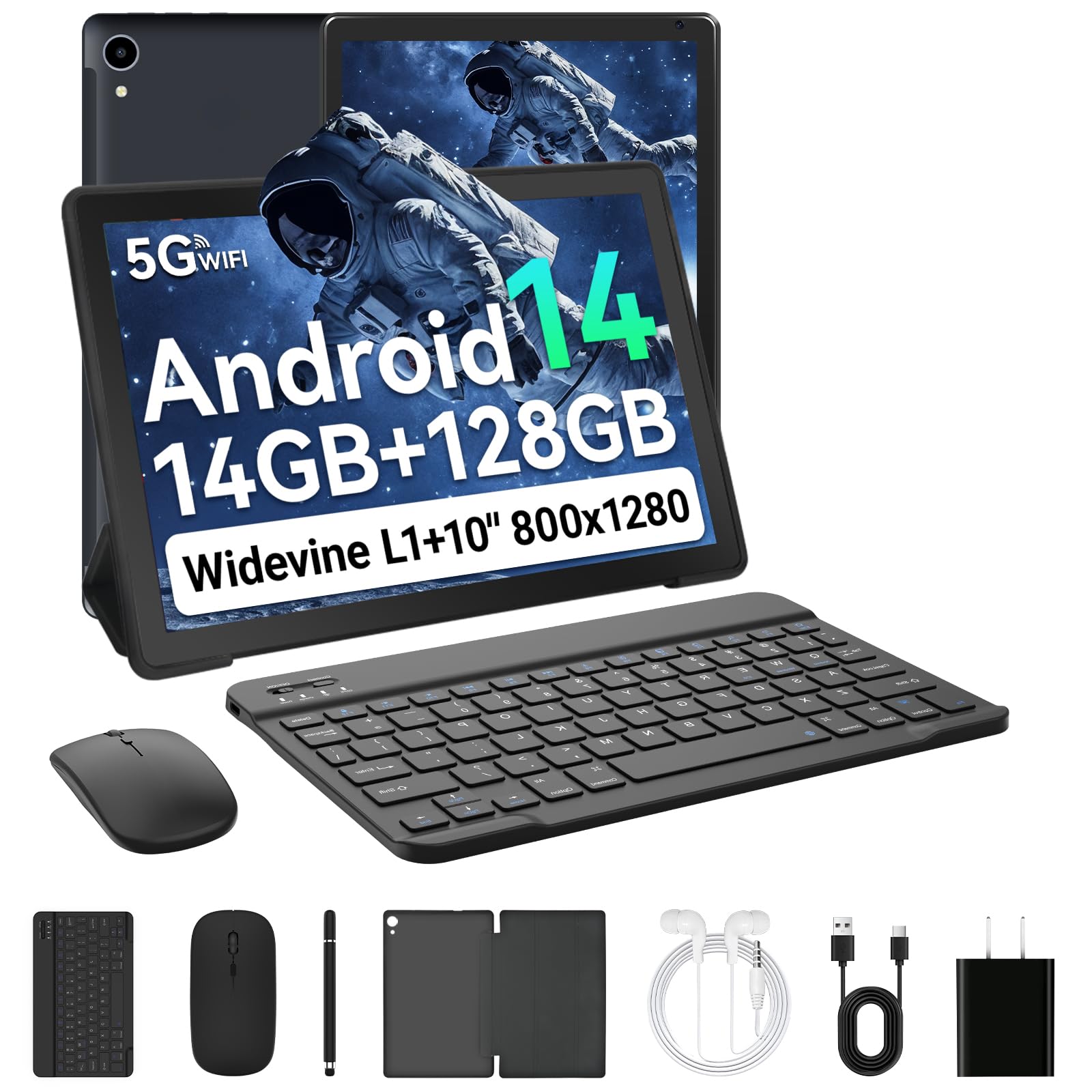 Android 14 Tablet 10 Pulgadas, 14GB +128GB+1TB, WiFi6/BT5.2/5000mAh, 8+5MP/1280 * 800/Widevine L1, Tablet PC con Stylus, Funda Protectora, Ratón Inalámbrico, Auriculares, Teclado Bluetooth