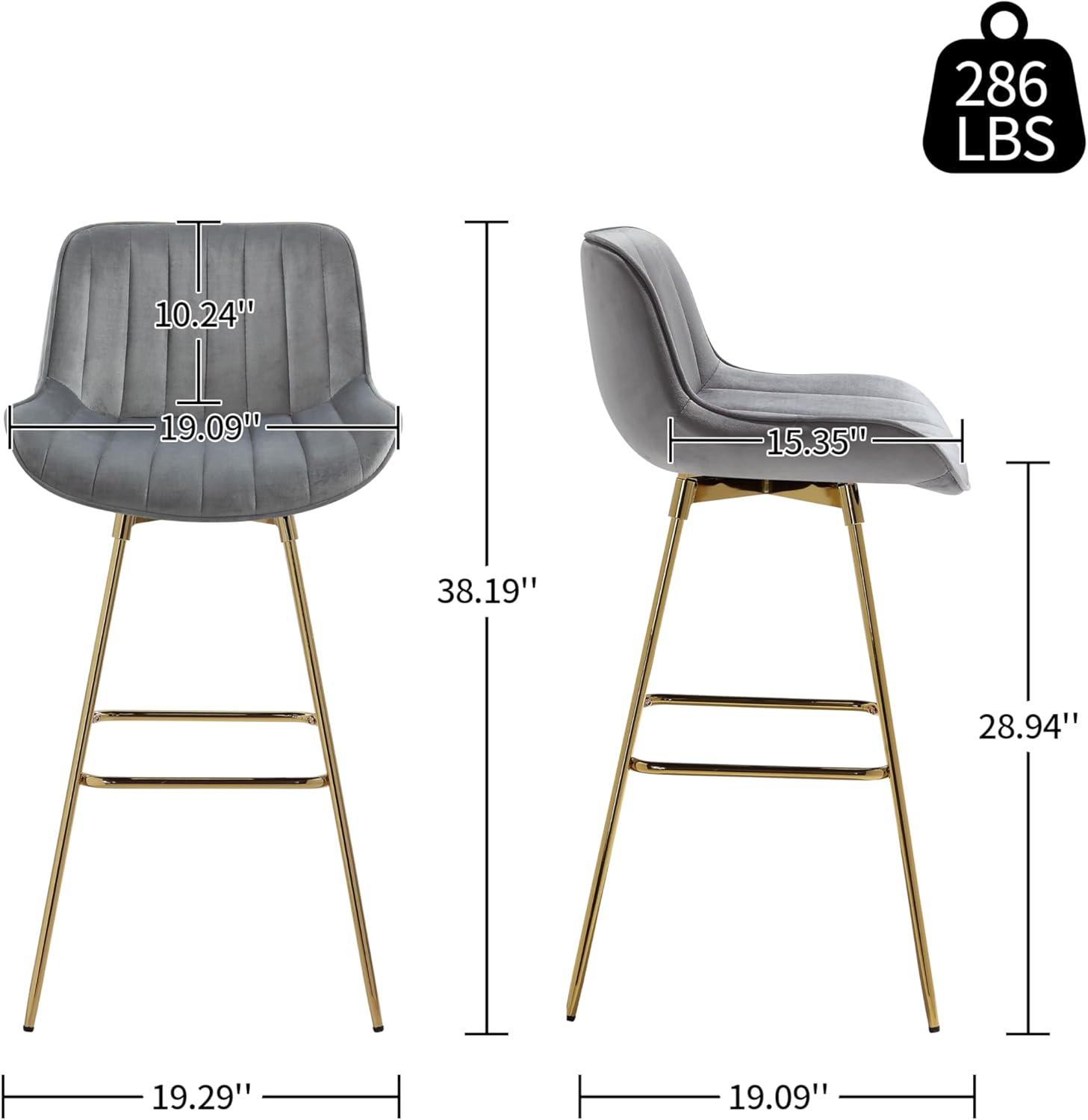 Art Leon 29” Counter Stool, Set of 4, Swivel Bar Stools with Back, Velvet Upholstered Bar Stools with Gold Legs for Kitchen Counter, Gray