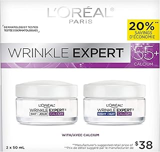 L'Oreal Paris Anti-Aging Face Cream 55+, Day + Night Skincare Kit, Wrinkle Expert, With Calcium to Reduce the Look of Wrinkles, 50mL