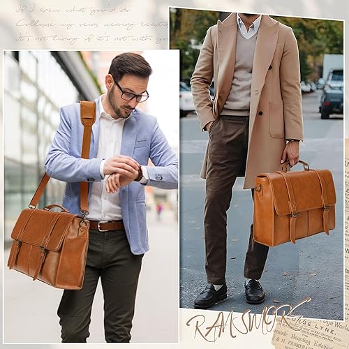Miniatura 6 de Bolsa de mensajero para hombre, maletín de cuero vintage de 15.6 pulgadas, impermeable, bolsa para laptop, bolsa de hombro grande, bolsa de hombro