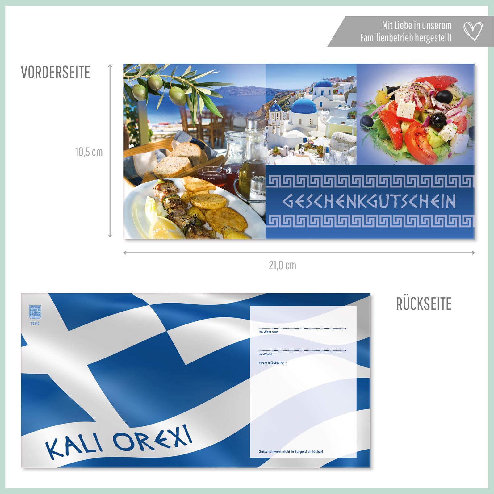Gutschein-Set. 100x Gutschein + Kuvert + Schleife. Für Restaurants Gasthaus griechisch.