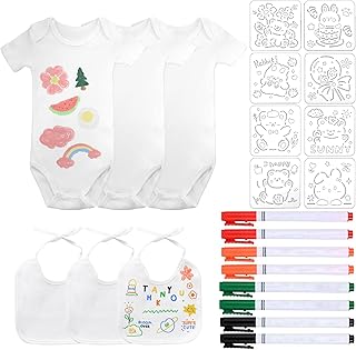 KingYH 3 Piezas Babero para Pintar Blanco Baberos de Colores para 6 Meses Bebé 3 Body de Manga Corta 37x19cm con 8 Bolígrafo Textiles de Colore y 8 Plantilla de Pintura Regalo de Fiesta de Babyshower